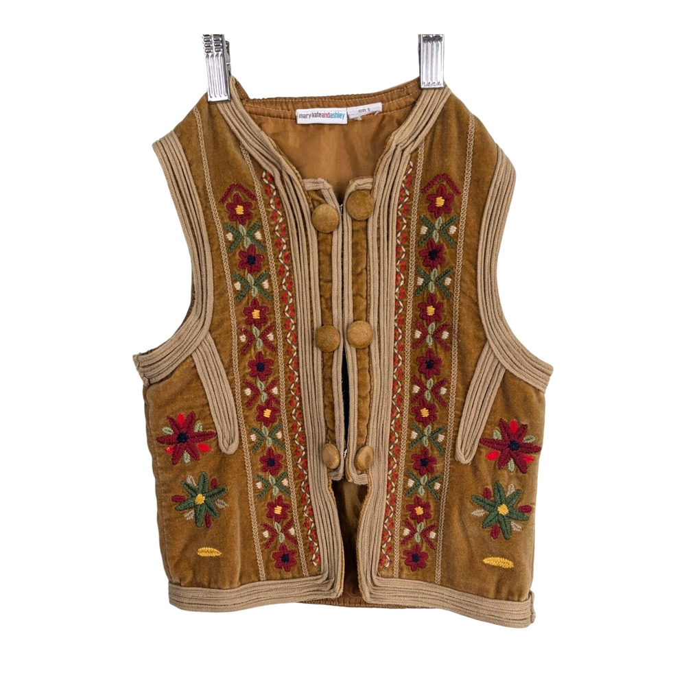 Mary Kate Ashley Vest Girls 7 Tan Y2K Boho Embroidered Hippie Brown Vintage